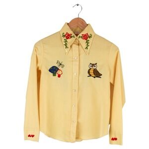 Vintage 70s Hand Embroidered Floral Owl Button Up Shirt Hippie Nature Size 14